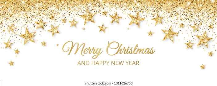 Banner with golden decoration. Festive border with falling glitter dust and stars. Holiday vector background. For Christmas and New Year cards, headers, party posters. Stock Vector