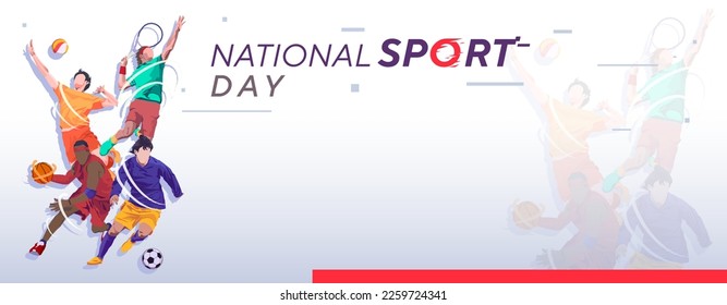 Banner template for national sports day football, basketball, tennis and volleyball background. world sports celebration Imagem Vetorial Stock