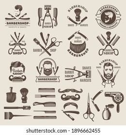 理髪店バッジ。 理髪店向けの最近のベクター画像ロゴははさみがブラシ刃のヘアドライヤーですのベクター画像素材