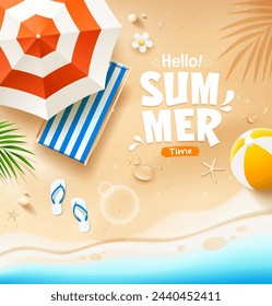 Beach umbrella and beach canvas bed, coconut leaf, beach ball, summer poster design on sand beach backgeound, Eps 10 vector illustration: wektor stockowy