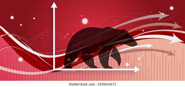 Bear run or bearish market trend in crypto currency or stocks. Trade exchange background, down arrow graph for decrease in asset value. Cryptocurrency stock share price chart. Global economy crash. Immagine vettoriale stock