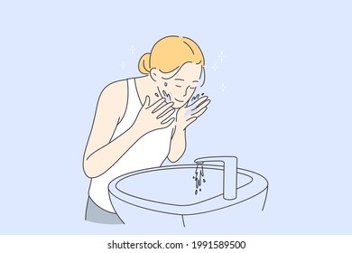 Beauty, skincare, Cosmetology concept. Young smiling pretty blonde woman cartoon character standing washing her face with water in morning skincare treatment vector illustration  Stock Vector