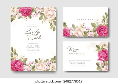beautiful floral wreath wedding invitation card with colorful rose flower Vektor Stok