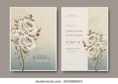 Beautiful wedding invitation card with rose flower bouquet Vektor Stok