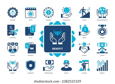Benefit icon set. Business, Satisfaction, Employees Benefit, Growth, Compensation, Profit, Success, Bonuses. Duotone color solid icons: stockvector