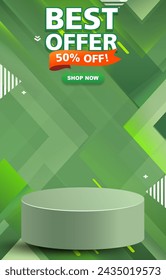 best offer sale discount template banner with blank space 3d podium for product sale with abstract gradient green background design2: stockvector