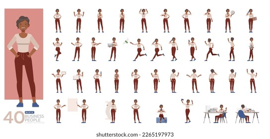 Big Set of working woman wear cream shirt color character vector design. Presentation in various action. People working in office planning, thinking and economic analysis. Stock Vector