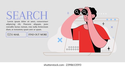Binocular search. Line person, job and web business data, ui internet link, content seo and people. Man looking through binoculars or spyglasses, find opportunities. Vector design illustration 库存矢量图