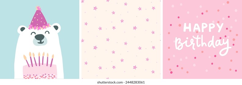 誕生日カードセット、ケーキが装飾されたかわいいクマ、ピンクのキラキラの星のシームレスなパターン、ピンクの紙吹雪の背景にお誕生日おめでとうございます。のベクター画像素材
