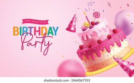 Birthday party cake vector design. Birthday invitation card with strawberry and cherry flavor sweet dessert elements decoration in pink background. Vector illustration birthday invitation template. 
 库存矢量图
