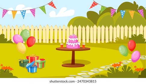 Birthday party decoration in garden on backyard. Festive table with cake, balloons, garlands and gifts outside. Children celebration on lawn front of wooden fence. Cartoon vector illustration. स्टॉक वेक्टर