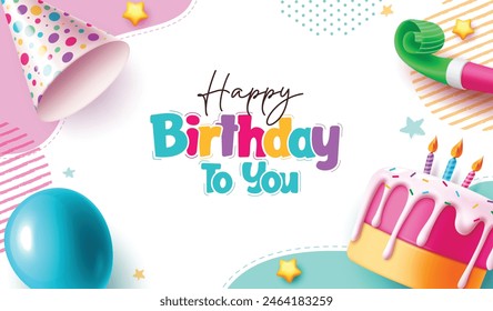 Birthday vector template design. Happy birthday greeting text with party hat, balloon, cake and whistle decoration elements in abstract background. Vector illustration birthday invitation template. 
 – Vector có sẵn