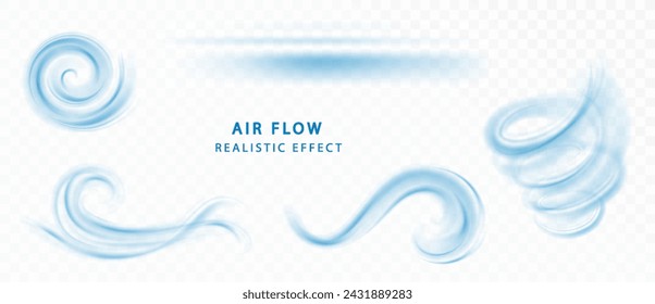 블루 에어 플로우 웨이브 효과 설정. 깨끗한 신선한 공기의 흐름을 보여주는 파도. 고립된 벡터 디자인 요소입니다. 스톡 벡터