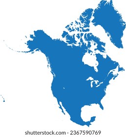 BLUE CMYK color detailed flat stencil map of the continent of NORTH AMERICA on transparent background Immagine vettoriale stock