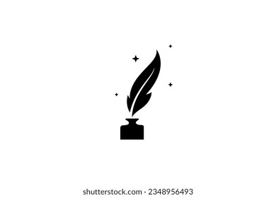 Black quill pen logo design with inkwell decorated stars Stock-vektor