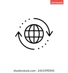 Black round globe with sync arrow path line icon, simple flat design vector pictogram, infographic vector for app logo label web button banner ui ux interface elements isolated on white background เวกเตอร์สต็อก