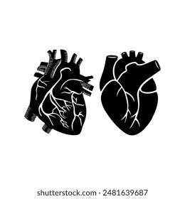Black and White Anatomical Heart Illustrations Set. Vector icon. स्टॉक वेक्टर