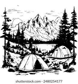 湖とキャンプ場のある山脈の白黒の図面。キャンプ場には3つのテントと火の穴があります。静かで穏やかな風景のベクター画像素材