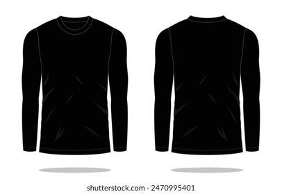 Blank Black Long Sleeve T-Shirt Template on White Background. Front and Back Views, Vector File. 库存矢量图