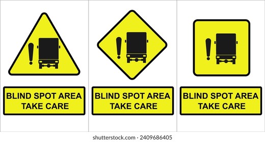 Blind spot warning sign set. Truck lorry blind spot road sign with take care text in yellow color. Vector icon collection. Good for warning sign heavy vehicle. Vector icon isolated on white background 库存矢量图