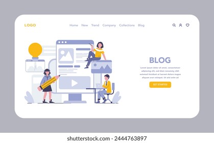 Blogging web or landing page. Creative content creation and sharing ideas through personal blogs. Visual storytelling and online influence. Vector illustration. 库存矢量图