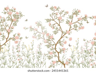 花と蝶と花の木。背景にシームレスなパターン。ベクターイラスト。チノワズリー、ジャパンディ、ボタニカルスタイルのベクター画像素材