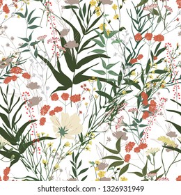 Blossom floral seamless pattern. Blooming botanical motifs scattered random. Trendy colorful vector texture. Fashion, ditsy print, fabric. Hand drawn different wild meadow flowers on white background Stock-vektor