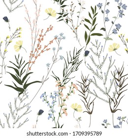 Blossom floral seamless pattern. Blooming botanical motifs scattered random. Trendy colorful vector texture. Fashion, ditsy print, fabric. Hand drawn different wild meadow flowers on white background Stock-vektor