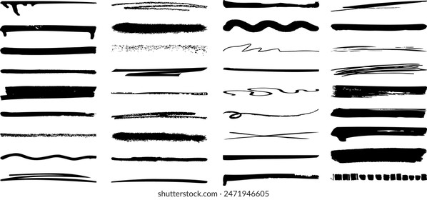 Brush strokes, black ink underline vector, artistic lines, abstract, texture, grunge scrawl design elements, borders, paintbrush, hand drawn line brushstroke, wavy, straight, zigzag เวกเตอร์สต็อก