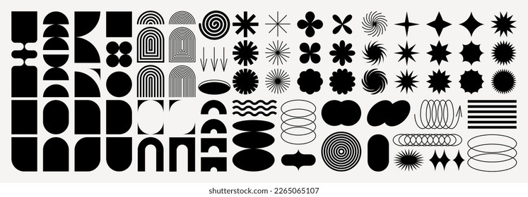 Brutalist abstract geometric shapes and grids. Brutal contemporary figure star oval spiral flower and other primitive elements. Swiss design aesthetic. Bauhaus memphis design., vector de stoc