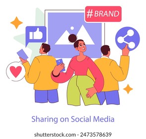 Brand Ritual concept. Illustration of people engaging with a brand through social media interactions and content sharing. Community and digital engagement. Vector illustration. Immagine vettoriale stock