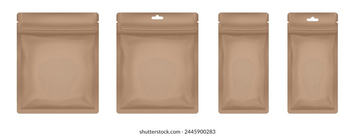 Brown sachet or pouch. Vector zip bags mockup, foil packs. Cosmetics samples. Sheet face mask 库存矢量图
