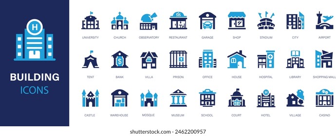 Building flat icons set. Bank, shop, office, school, hotel, church, public building icons and more signs.: stockvector
