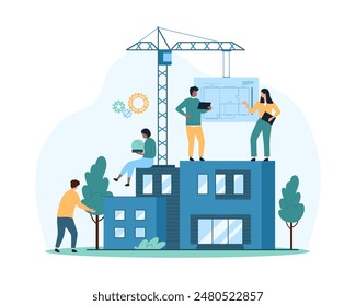Building house process at construction site, work with floor plan. Tiny people and construction crane build house with home apartments according to paper blueprint cartoon vector illustration Adlı Stok Vektör