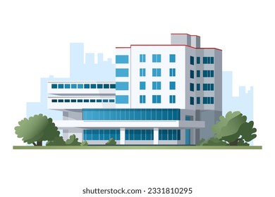 都市の背景に木と建物は、病院や政府機関として使用することができます。都市景観。ベクターイラスト。のベクター画像素材