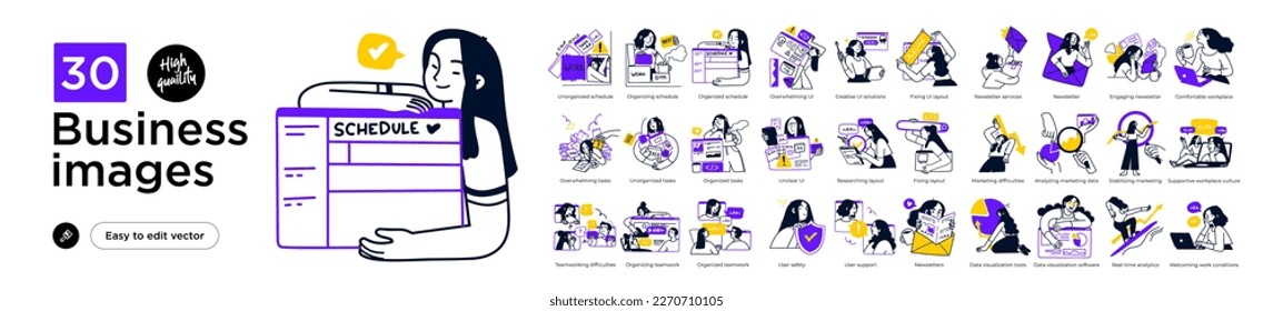 Business Concept illustrations. Mega set. Collection of scenes with men and women taking part in business activities. Vector illustration Imagem Vetorial Stock