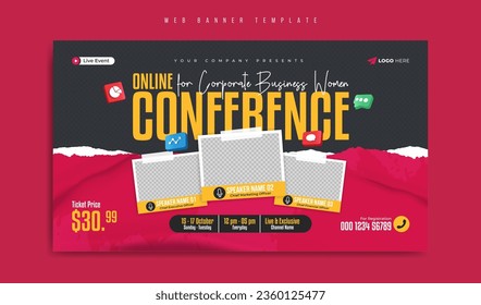 Business conference or online webinar for corporate women social media marketing web banner template or video thumbnail. Annual meeting or seminar promotion flyer with paint brush stroke or torn paper Adlı Stok Vektör