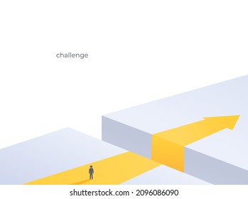 Business challenge and solution vector concept with person standing over big gap. Symbol of overcoming challenges, obstacles, strategy, analysis, creativity. vector illustration. 庫存向量圖