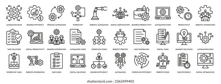 Business Automationアイコンセット。機械学習ラインのアイコン。ロボット、iot、生体認証、デバイス、チップ、ロボット、クラウドコンピューティング、自動化アイコンのベクター画像素材