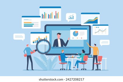 business data analytics report. finance investment graph. online marketing strategy planning, and online education learning with webinar. people team working meeting for brainstorming concept Adlı Stok Vektör