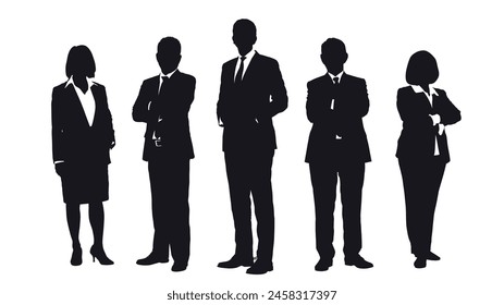Business people group black silhouettes pose on white background, flat line vector and illustration. स्टॉक वेक्टर