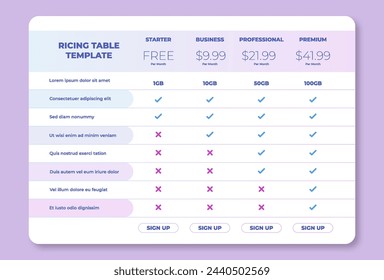 Business price chart template, Web banner checklist template design. Design a price list comparison table.	 Imagem Vetorial Stock