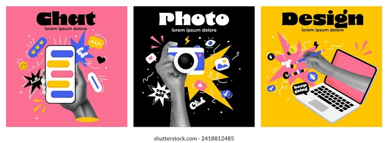 Business process. Contemporary art collage made of shots of hands working hardly isolated over colored background, Concept of art, finance, career, co-workers, team. Vector illustration - Vector στοκ