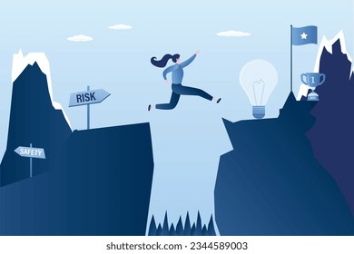 Businesswoman jumping over between the cliffs. Jump over an obstacle. Business risk, victory and success. Beauty female character in danger situation. New ideas search. flat vector illustration Immagine vettoriale stock