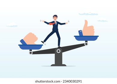 Businessman balance on seesaw with thumb up and thumb down, demerit and merit evaluation, advantage and disadvantage in comparison, performance assessment, manager evaluation, judgment (Vector) Stock-vektor