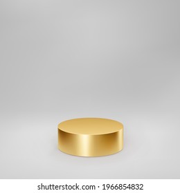 Gold 3d cylinder front view with perspective isolated on grey background. Cylinder pillar, golden pipe, museum stage, pedestal or product podium. 3d basic geometric shape vector स्टॉक वेक्टर