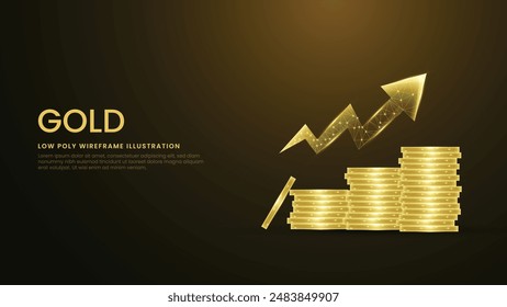 Gold Coins Price Rising Low Poly Wireframe Vector Illustration on Technological Gold Background. Profit and Growth Concept with Arrow Vector Illustration Imagem Vetorial Stock
