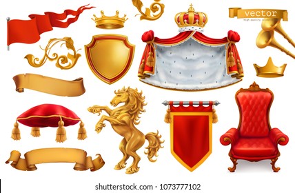 Gold crown of the king. Royal chair, mantle, pillow. 3d vector icon set Stock Vector