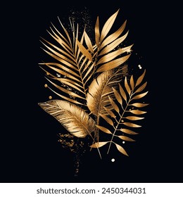 Gold lines glittery tropical 3d plants, palm branches with leaves, glitters. Textured shiny botanical palm leaves pattern background illustration. Luxury decorative glowing beautiful modern 3d design. 库存矢量图