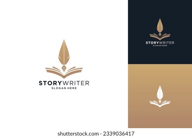 Golden author logo design. Quill pen with book logo design combination. Stock-vektor